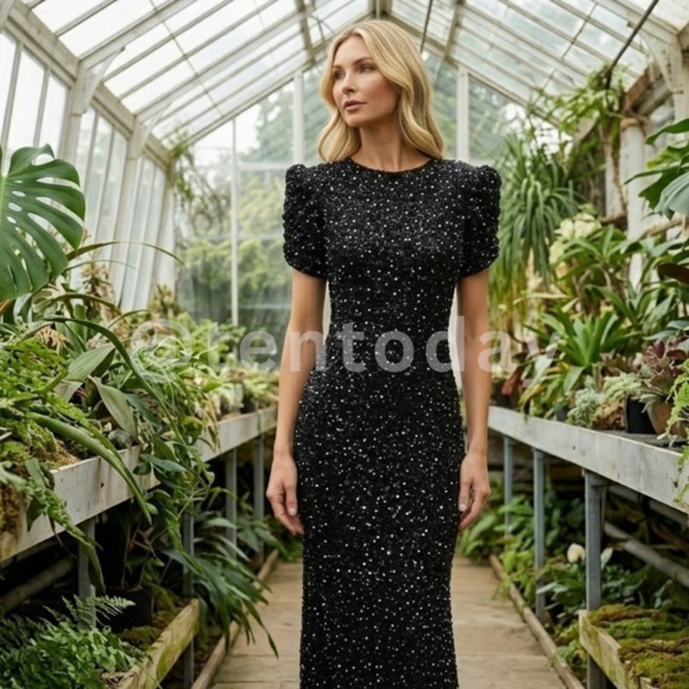 Mac Duggal Size 4 Black Pearl Gathered Short Puff Sleeve Long Maxi Gown Dress